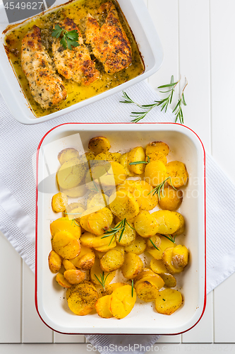 Image of Chicken parmigiana - parmesan chicken with baked potatos 