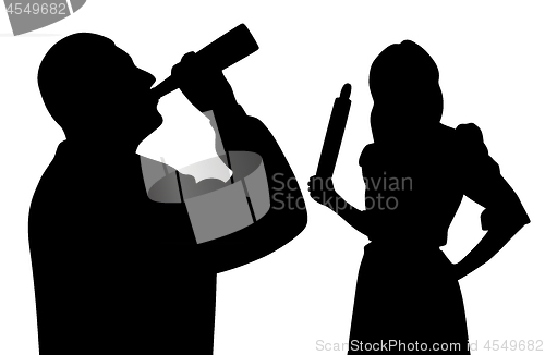 Image of Husband drinking alcohol and angry wife holding rolling pin