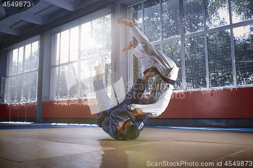 Image of Two judo fighters showing technical skill while practicing martial arts in a fight club