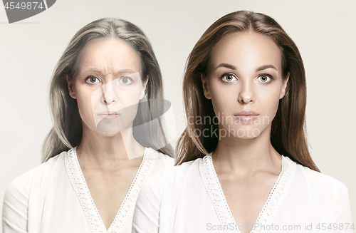 Image of Comparison. Portrait of beautiful woman with problem and clean skin, aging and youth concept, beauty treatment