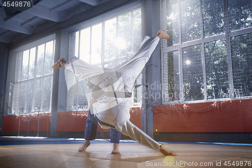 Image of Two judo fighters showing technical skill while practicing martial arts in a fight club