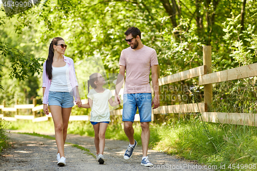 Image of happy family walking in summer park