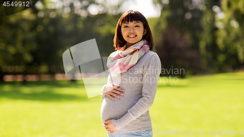 Image of happy pregnant asian woman at park