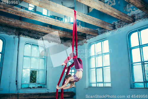 Image of Graceful gymnast performing aerial exercise