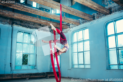 Image of Graceful gymnast performing aerial exercise