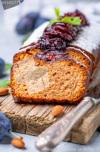 Image of Freshly baked plum cake.