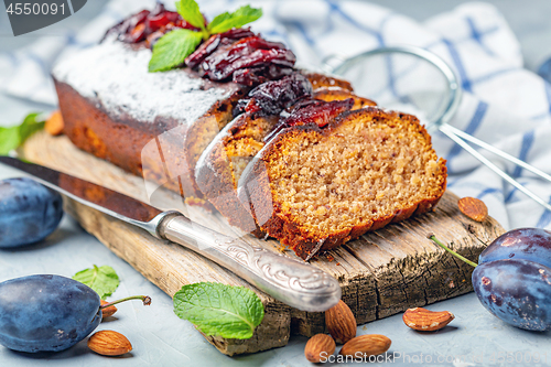 Image of Homemade plum cake with almonds and spicy plum.