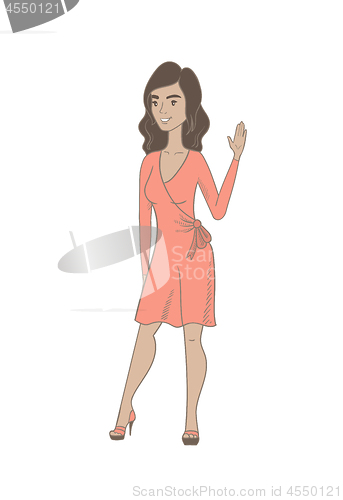 Image of Young hispanic woman waving her hand.