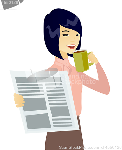 Image of Asian woman drinking coffee and reading newspaper.