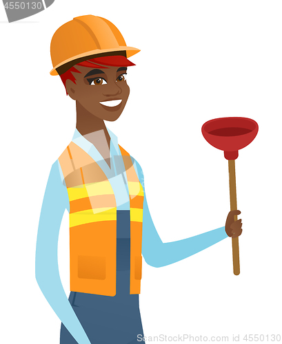 Image of African-american plumber holding plunger.