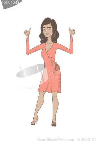 Image of Young hispanic woman standing with raised arms up.