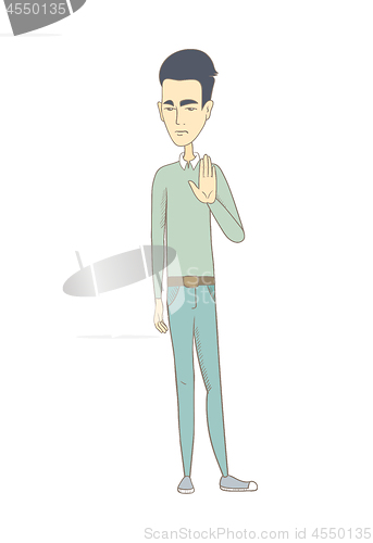 Image of Young asian man showing palm hand.