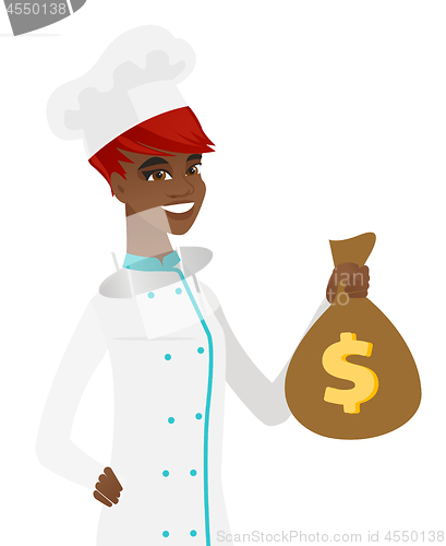 Image of Young african-american chef holding a money bag.