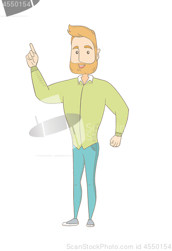 Image of Caucasian hippie man pointing his forefinger up.