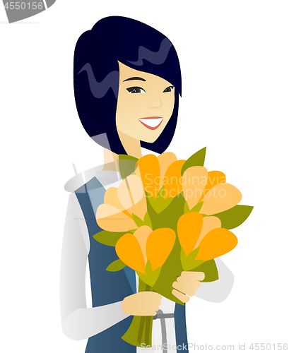 Image of Asian business woman holding bouquet of flowers.