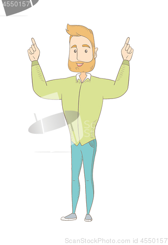 Image of Caucasian hippie man standing with raised arms.