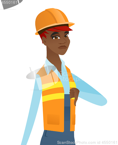Image of Disappointed african builder with thumb down.