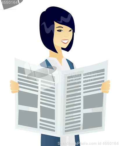 Image of Young asian business woman reading newspaper.