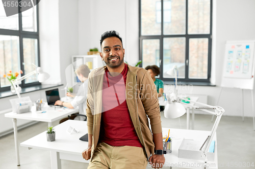 Image of smiling indian man with smart watch at office