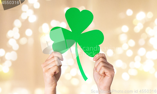 Image of hands holding green shamrock over festive lights