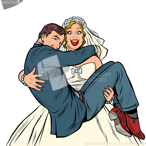 Image of The bride carries the groom. Marriage and love. Man and woman couple