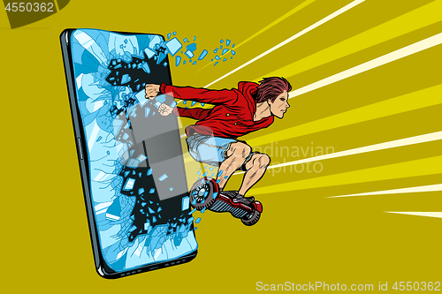 Image of youth smartphone. a young man rides a gyroscope