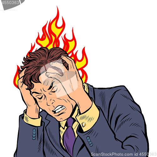 Image of headache man. heat and temperature