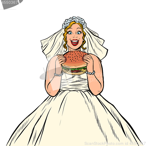 Image of Bride eats fast food Burger. Hungry woman