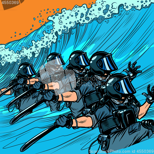 Image of Riot police resist the wave. The concept of inevitability of democratic changes in authoritarian and totalitarian regimes