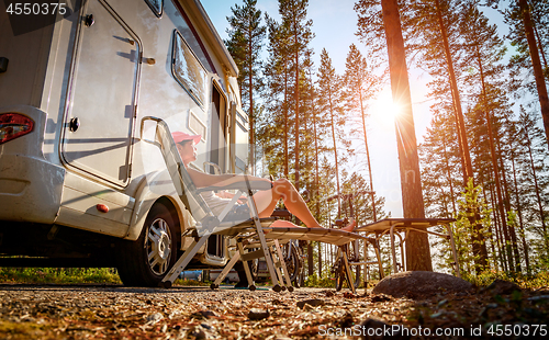 Image of Family vacation travel RV, holiday trip in motorhome