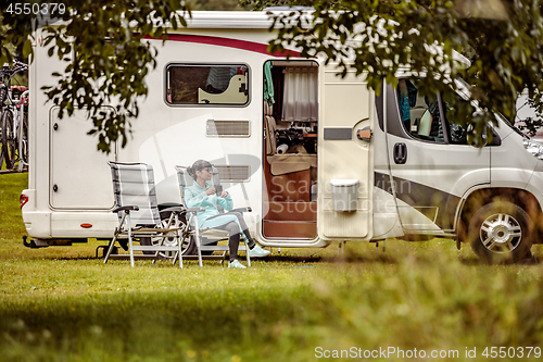 Image of Family vacation travel RV, holiday trip in motorhome