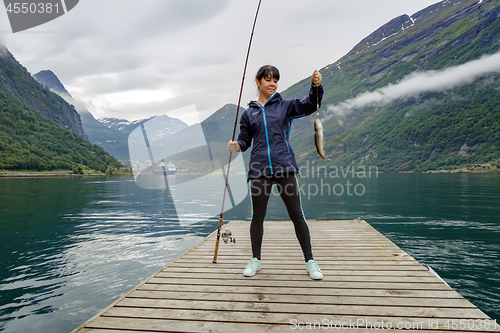 Image of Woman fishing on Fishing rod spinning in Norway.