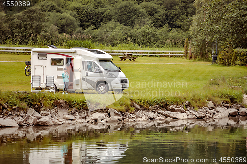 Image of Family vacation travel RV, holiday trip in motorhome