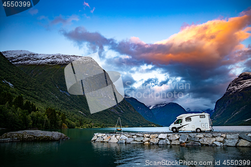 Image of Family vacation travel RV, holiday trip in motorhome