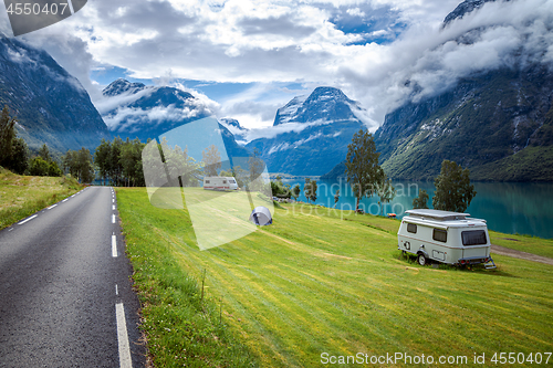 Image of Family vacation travel RV, holiday trip in motorhome