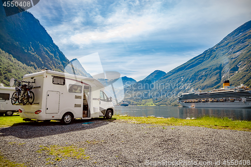 Image of Geiranger fjord, Norway. Family vacation travel RV, holiday trip