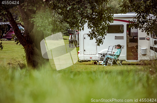 Image of Family vacation travel RV, holiday trip in motorhome