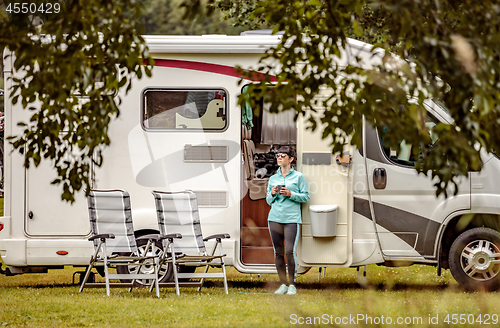 Image of Family vacation travel RV, holiday trip in motorhome