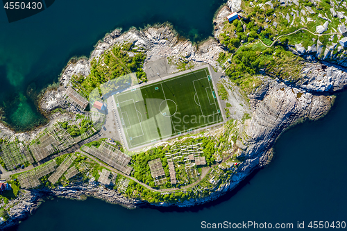 Image of Football field stadium in Henningsvaer from above.