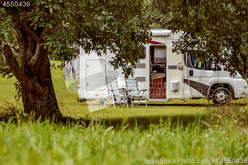 Image of Family vacation travel RV, holiday trip in motorhome