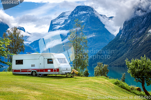 Image of Family vacation travel RV, holiday trip in motorhome