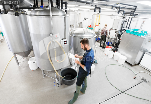 Image of man with clipboard at craft brewery or beer plant