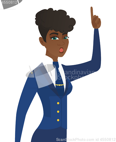 Image of Stewardess with open mouth pointing finger up.