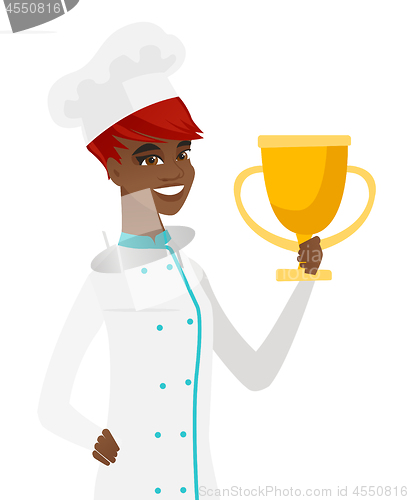 Image of Young african-american chef holding a trophy.