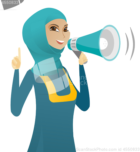 Image of Muslim business woman speaking into loudspeaker.