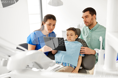 Image of dentist showing tablet pc to kid at dental clinic