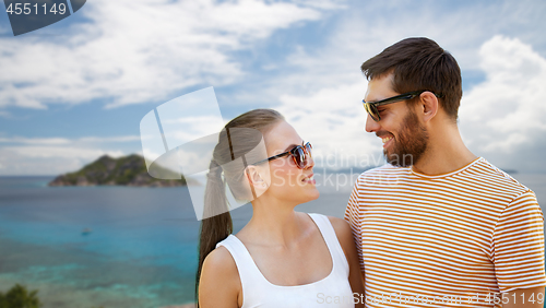 Image of happy couple in sunglasses on seychelles island