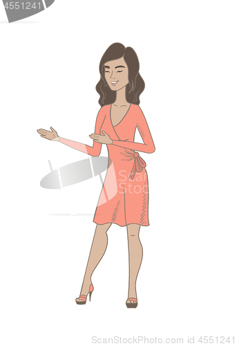 Image of Young hispanic happy woman gesturing.