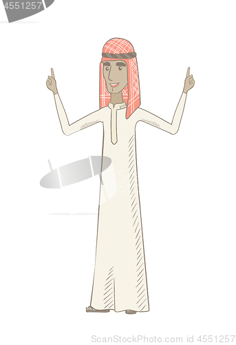 Image of Young muslim man standing with raised arms.