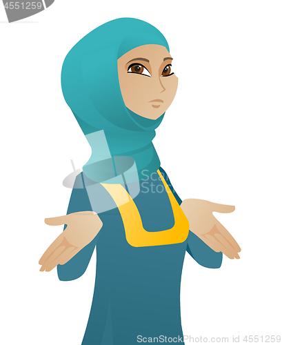 Image of Confused muslim business woman shrugging shoulders